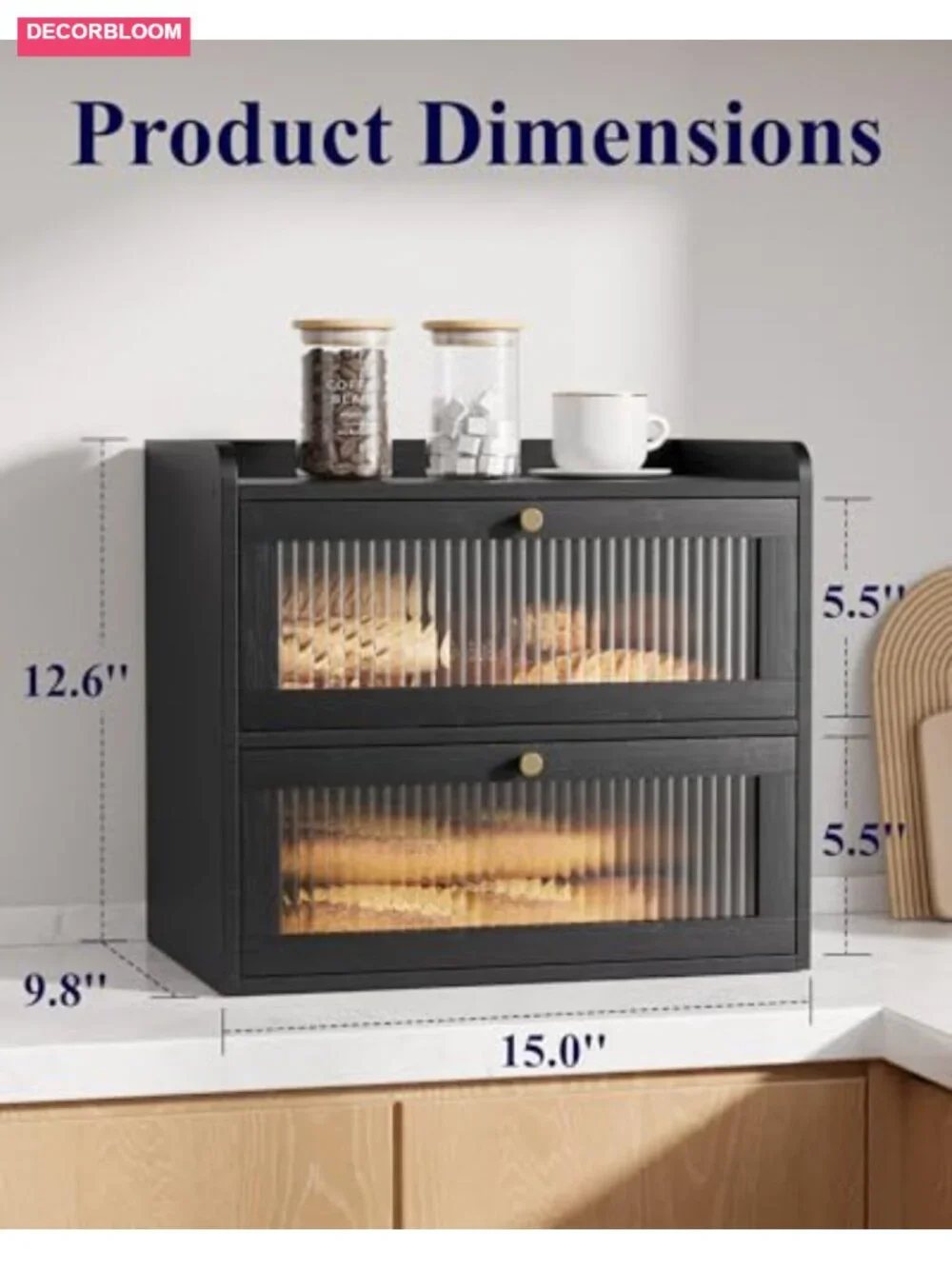 Large Bamboo Wooden Bread Box with Magnetic Acrylic Door Double Layer